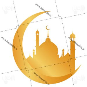 تصویر png رمضان با هلال ماه طلایی و مسجد